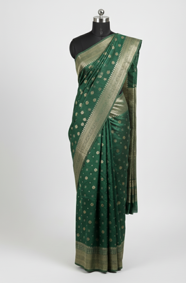 Green saree with gold patterns on a mannequin against a white background